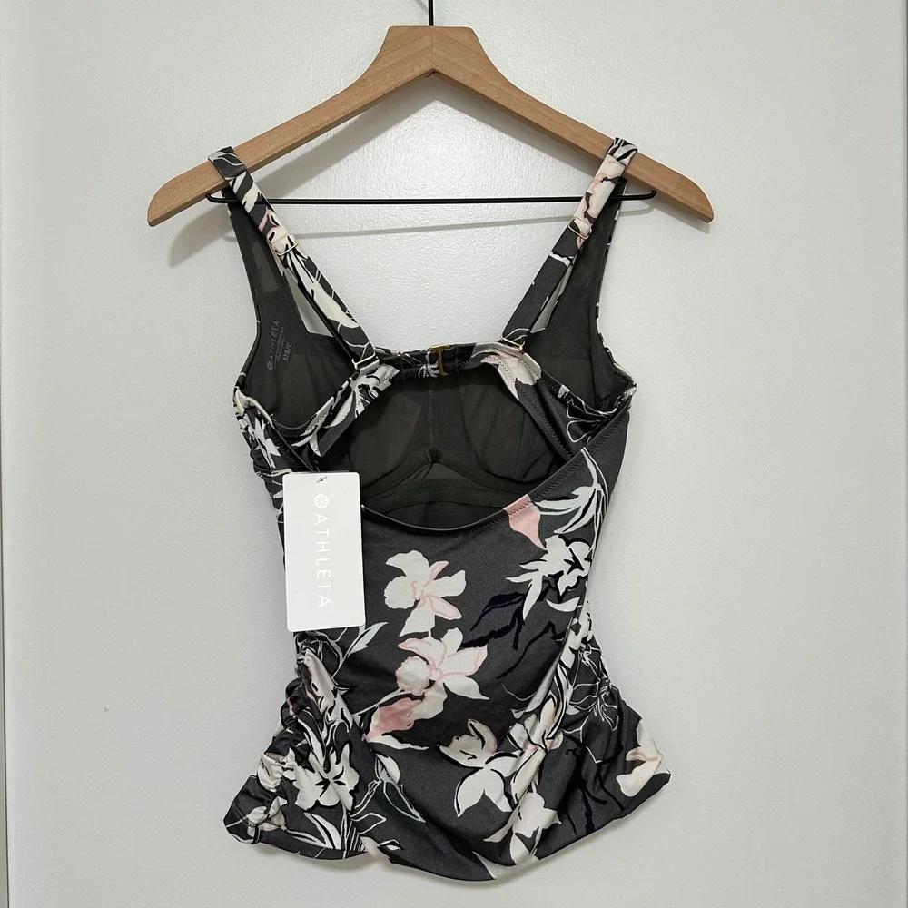 ATHLETA | NWT Gray Pink Aqualuxe Wildflower Floral Built-in-Bra Swim Tank, 32B/C